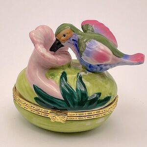 Vintage Darice Mini Porcelain Spring Egg & Hummingbird Shape Hinged Trinket Box
